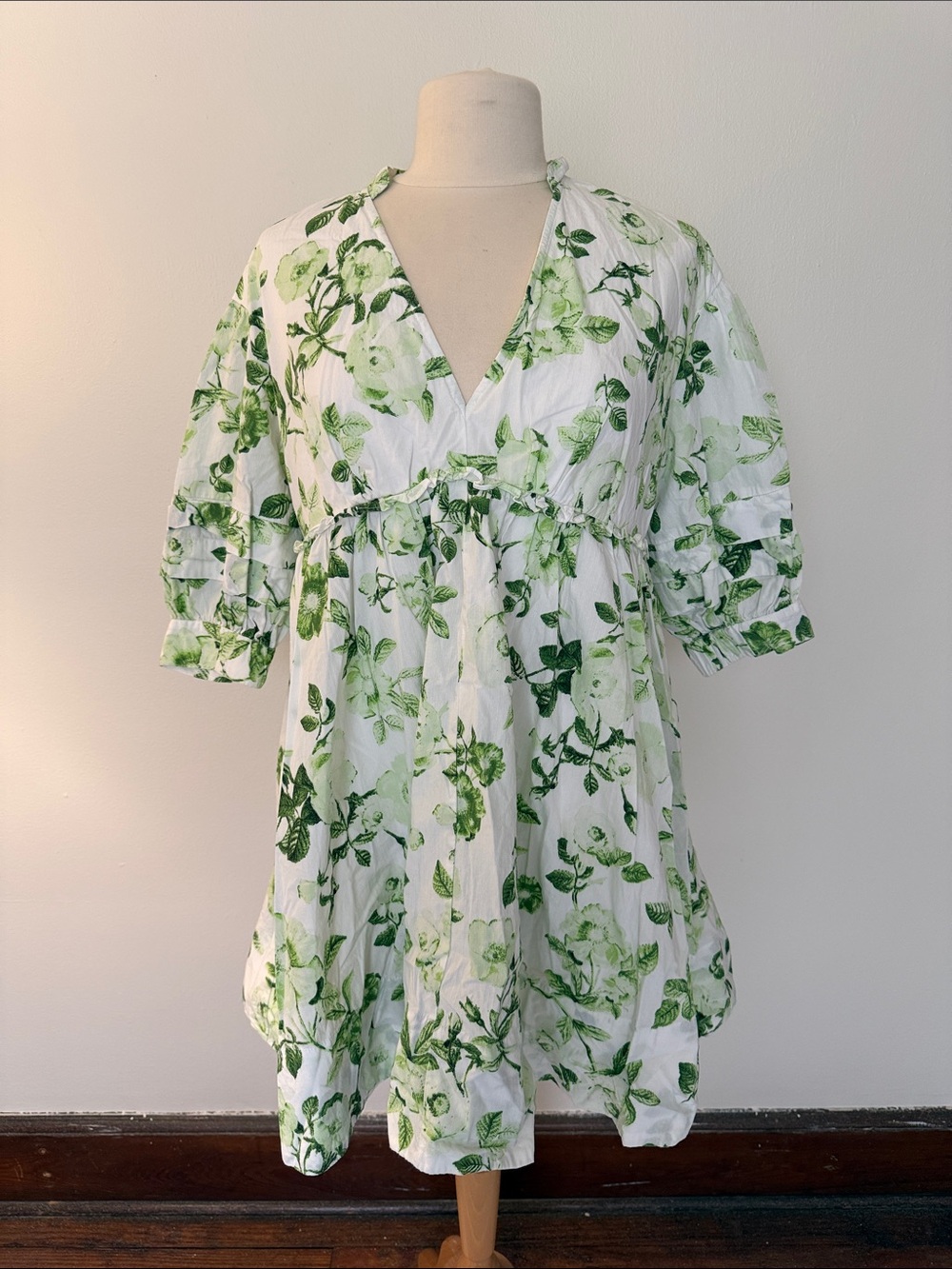 Maeve White Mini Dress with Green Floral Print